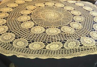 Vintage Crochet Lace Tablecloth 68 " Round Floral Beige Cotton