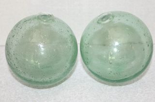 Two Vintage Japanese Pale Green Glass Ball Fishing Floats 4 "