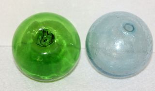 Two Vintage Japanese Pale Blue & Green Glass Ball Fishing Floats 4 "