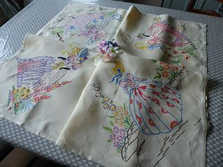 Vintage Hand Embroidered Tablecloth/ Crinoline Ladies - Exquisite.