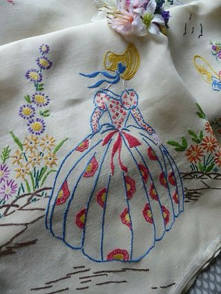 VINTAGE HAND EMBROIDERED TABLECLOTH/ CRINOLINE LADIES - EXQUISITE. 3