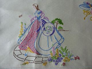 VINTAGE HAND EMBROIDERED TABLECLOTH/ CRINOLINE LADIES - EXQUISITE. 5