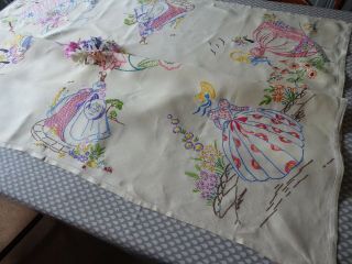 VINTAGE HAND EMBROIDERED TABLECLOTH/ CRINOLINE LADIES - EXQUISITE. 6