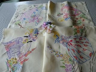 VINTAGE HAND EMBROIDERED TABLECLOTH/ CRINOLINE LADIES - EXQUISITE. 7