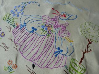 VINTAGE HAND EMBROIDERED TABLECLOTH/ CRINOLINE LADIES - EXQUISITE. 8