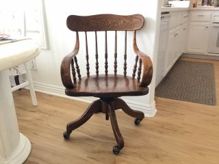 Vintage Swivel Solid Oak Office Banker Chair Arm Rest Desk Chair Adjustable