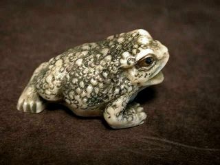 Japanese Ivory Colored Bone Netsuke - Little 3 Legged Green Toad/frog