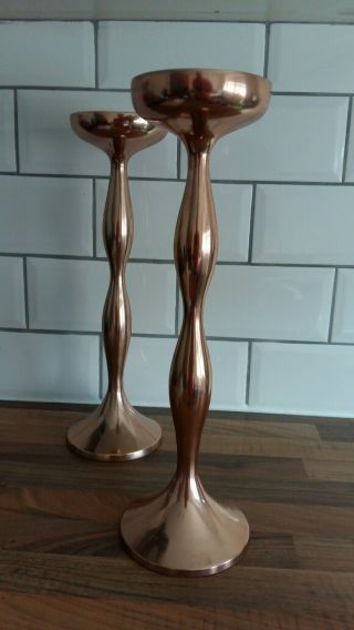 2 X Elegant Tall Candlesticks Copper / Rose Gold Plated 15 Inch