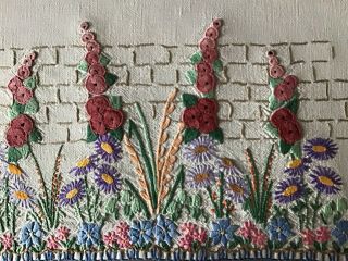 Stunning Large Vintage Linen Hand Embroidered Tablecloth Floral Cottage Garden