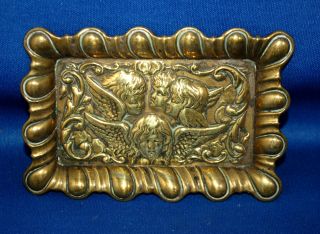 An Antique Art Nouveau Victorian Brass Trinket Tray With Repousse Reynolds Angel