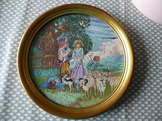 Vintage Hand Embroidered Picture - Crinoline Lady/ Shepherd & Sheep/ Circular
