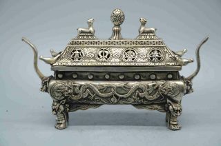 Chinese Old Copper Plating Silver Carved Dragon Buddha Incense Burner E01