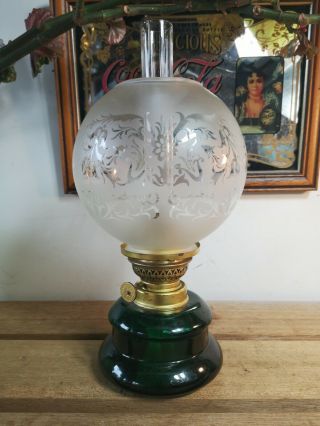 Vintage Antique Green Finger Oil Lamp & Etched Glass Globe