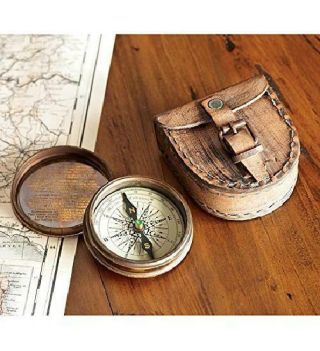 Nautial Design Vintage Maritime Antiqued Brass Poem Compass With Leather Case