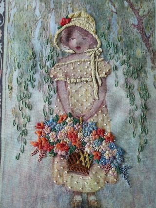 Vintage Hand Embroidered Picture Of Beautifully Embroidered Little Girl