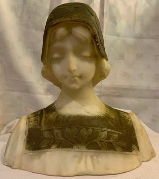 Antique Finely Carved & Painted Portrait Bust Of Young Woman Italian Marble
