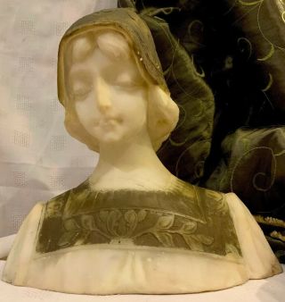 ANTIQUE FINELY CARVED & PAINTED PORTRAIT BUST OF YOUNG WOMAN ITALIAN MARBLE 2