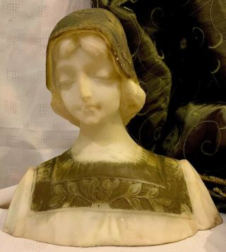 ANTIQUE FINELY CARVED & PAINTED PORTRAIT BUST OF YOUNG WOMAN ITALIAN MARBLE 3