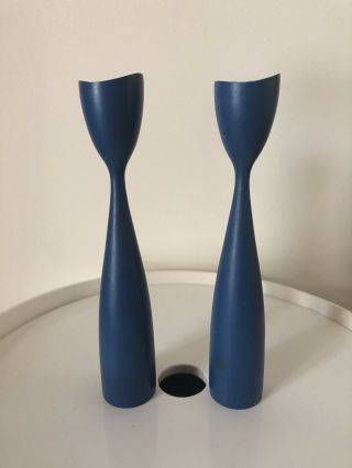 Eames Era Vintage Mid Century Modern Candle Wood Holder - Blue