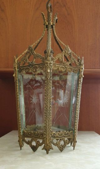 Antique Vintage French Gilt Brass Light / Ceiling Lantern - Gold Glass Rococo