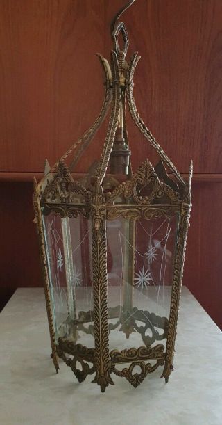 Antique Vintage French Gilt Brass Light / Ceiling Lantern - Gold Glass Rococo 4