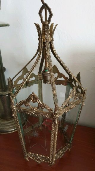 Antique Vintage French Gilt Brass Light / Ceiling Lantern - Gold Glass Rococo 8