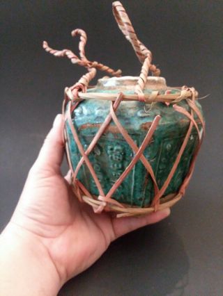 Antique Chinese Green Glazed Pottery 6 Sided Ginger Spice Wine Jar 19th C 7