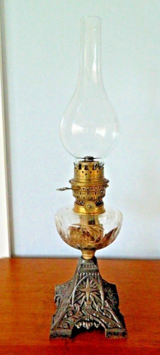 Antique Victorian Decorative Cast Iron Base Oil Lamp With Clear Font