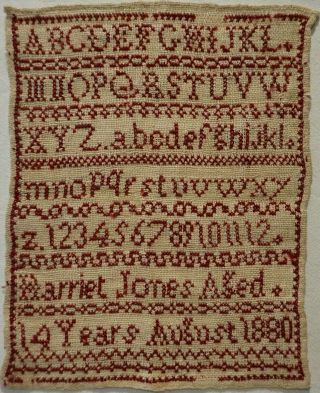 Small Late 19th Century Red Stitch Work Alphabet Sampler By Harriet Jones - 1880