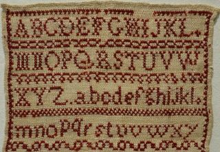 SMALL LATE 19TH CENTURY RED STITCH WORK ALPHABET SAMPLER BY HARRIET JONES - 1880 2