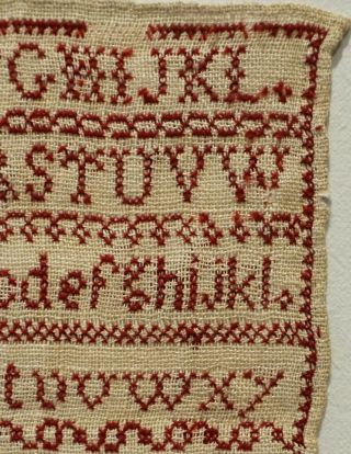 SMALL LATE 19TH CENTURY RED STITCH WORK ALPHABET SAMPLER BY HARRIET JONES - 1880 5