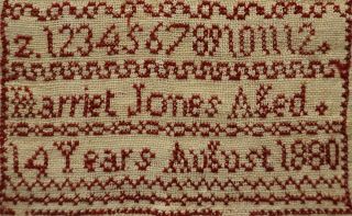 SMALL LATE 19TH CENTURY RED STITCH WORK ALPHABET SAMPLER BY HARRIET JONES - 1880 8