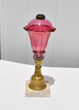 Antique Cranberry Pink Glass Whale Oil Kerosene Lamp Marble Base