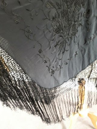 Black Embroidered Silk Piano Shawl With Fringing.