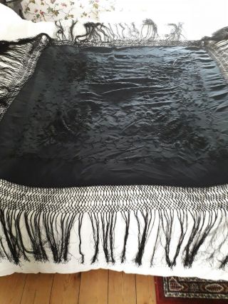 Black Embroidered Silk Piano Shawl with Fringing. 2