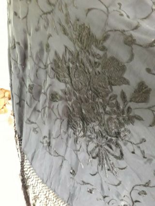 Black Embroidered Silk Piano Shawl with Fringing. 3