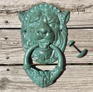 Cast Iron Green - Hued Lion Head Heavy Vintage Door Knocker