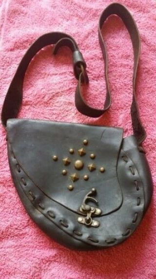 Vintage Black Leather Hand Made Saddle Bag With Brass Studs.