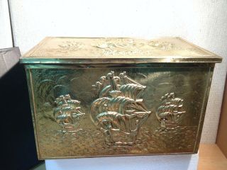 Vintage Wood Storage Chest With Golden Brass Tin Overlaid Embossed