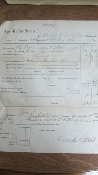 Civil War Document 1864 - Corpl White,  130th Regiment,  Illinois Infantry