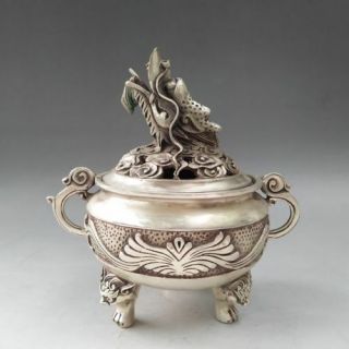 Old Chinese Tibetan Silver Hand - Carved Dragon Pattern Incense Burner