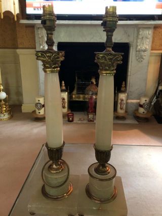 A Stunning Vintage Green And Brass Columned Antique Style Marble Lamps