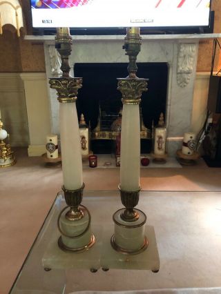 A Stunning Vintage Green And Brass Columned Antique Style Marble Lamps 3