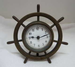 Antique Ships Wheel Brass Desk Clock 4 ½” Across Does Not Work T103