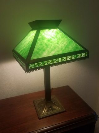 Vintage Metal Table Lamp With Slag Glass & Metal Shade