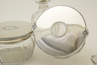 4 Pc Sterling Silver Etched Glass Dresser Boxes & Perfume Bottle