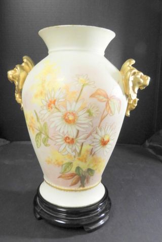 Incredible D & Co Limoges Hand Painted White Daisies Vase Lion Head Handles