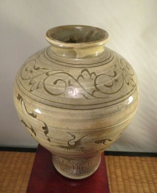 Vintage Korean Buncheong White Slip Celadon Ceramic Vase Cranes Flowers Korea 8 