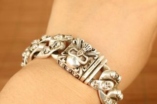 cool old tibet miao silver hand carving skull Statue bracelet noble gift 5