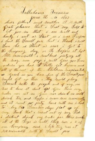 1863 Civil War Letter Home From Tullahoma,  Tenn.  Company Has Small Pox